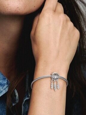 Pandora Sterling Silver Heart Dreamcatcher Dangle Charm with Feather Drops